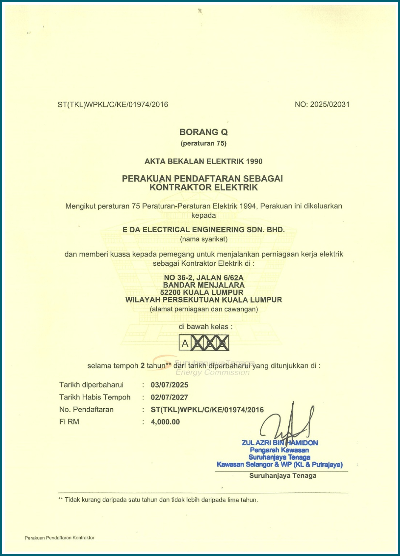 Suruhanjaya Tenaga Certificate